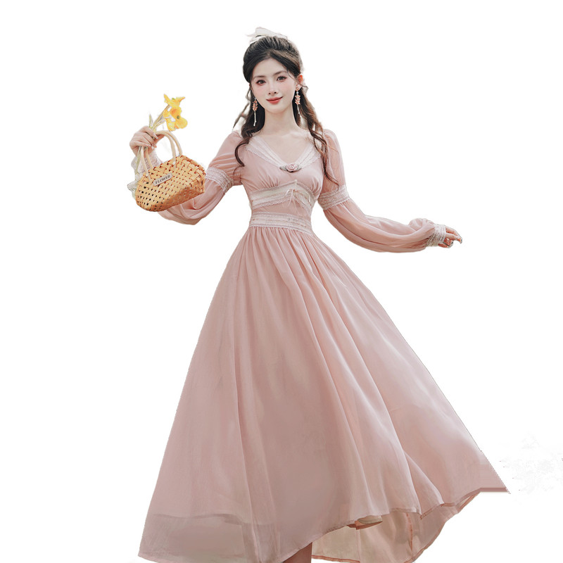 sweet-chiffon-lace-spliced-flower-v-neck-long-sleeve-dress_4 Sweet Chiffon Lace Spliced Flower V-Neck Long Sleeve Dress