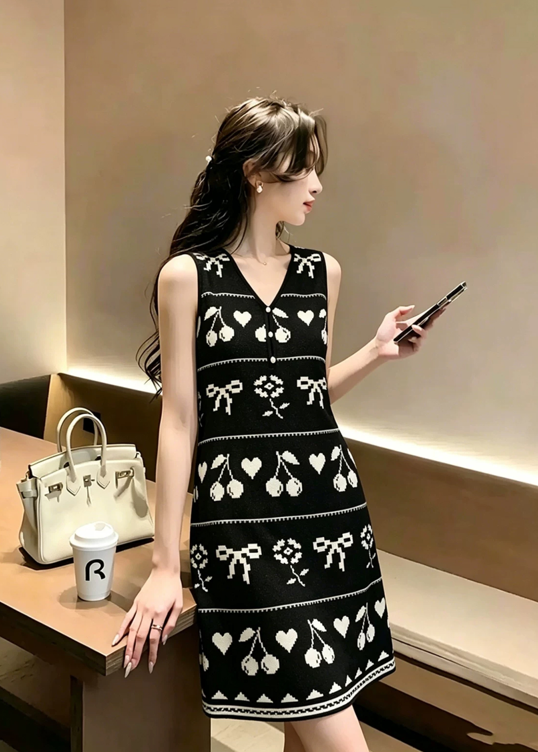 sweet-v-neck-cherry-bow-knitted-sleeveless-dress-for-women-2026-summer Sweet V-Neck Cherry Bow Knitted Sleeveless Dress for Women 2026 Summer