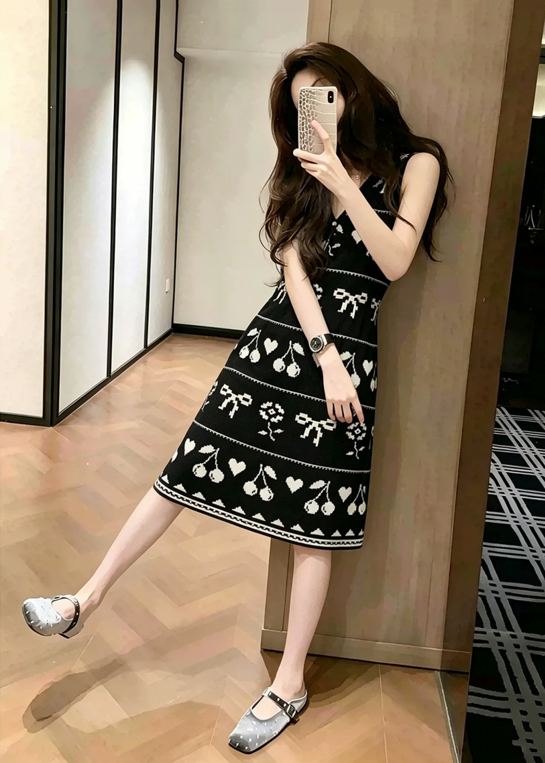 Sweet V-Neck Cherry Bow Knitted Sleeveless Dress for Women 2026 Summer