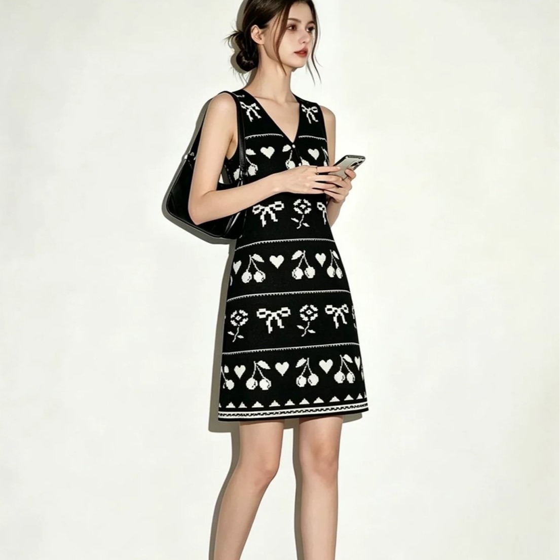 Sweet V-Neck Cherry Bow Knitted Sleeveless Dress for Women 2026 Summer