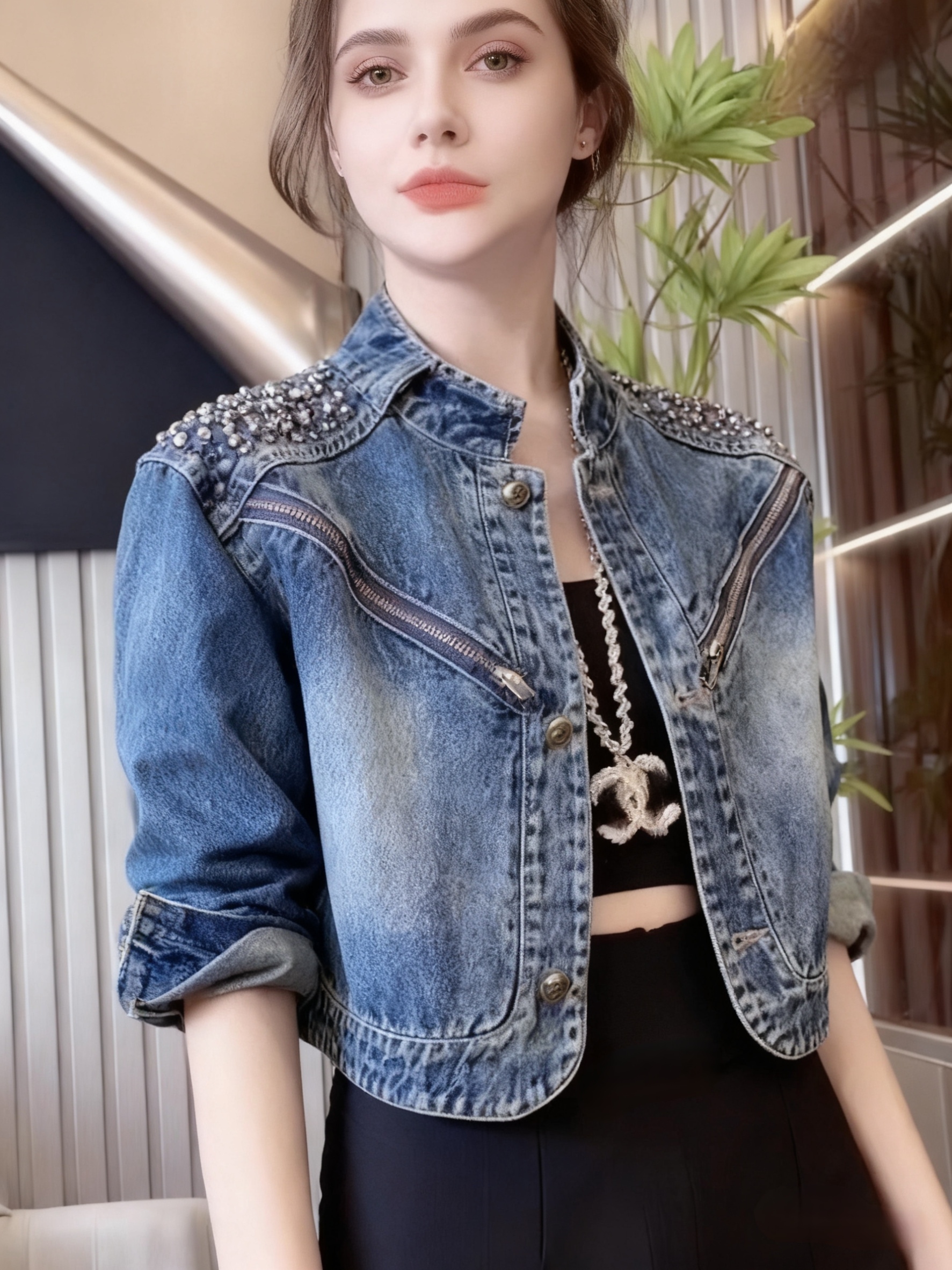 womens-diamond-studded-stand-collar-short-denim-jacket Women's Diamond-Studded Stand Collar Short Denim Jacket
