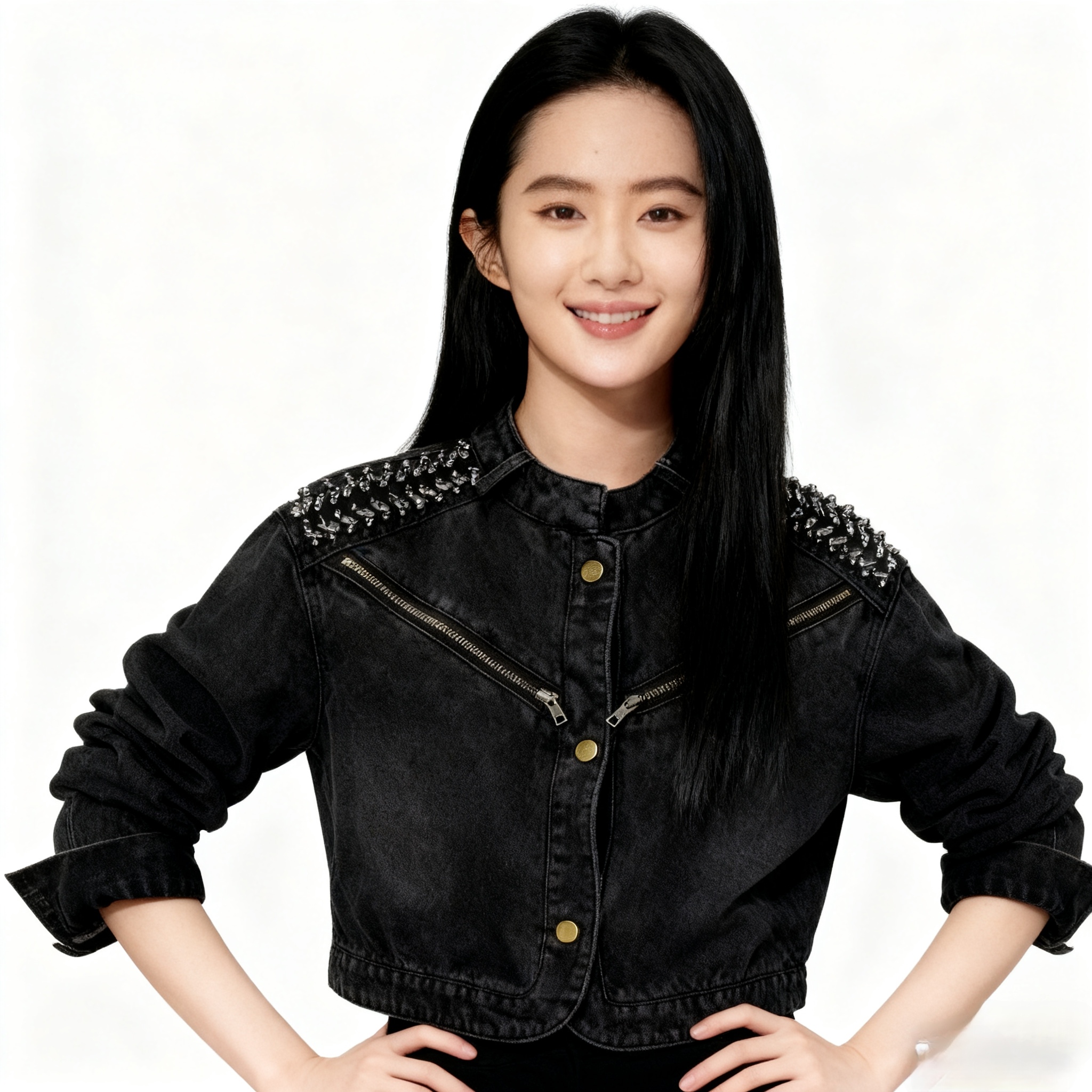 womens-diamond-studded-stand-collar-short-denim-jacket_1 Women's Diamond-Studded Stand Collar Short Denim Jacket