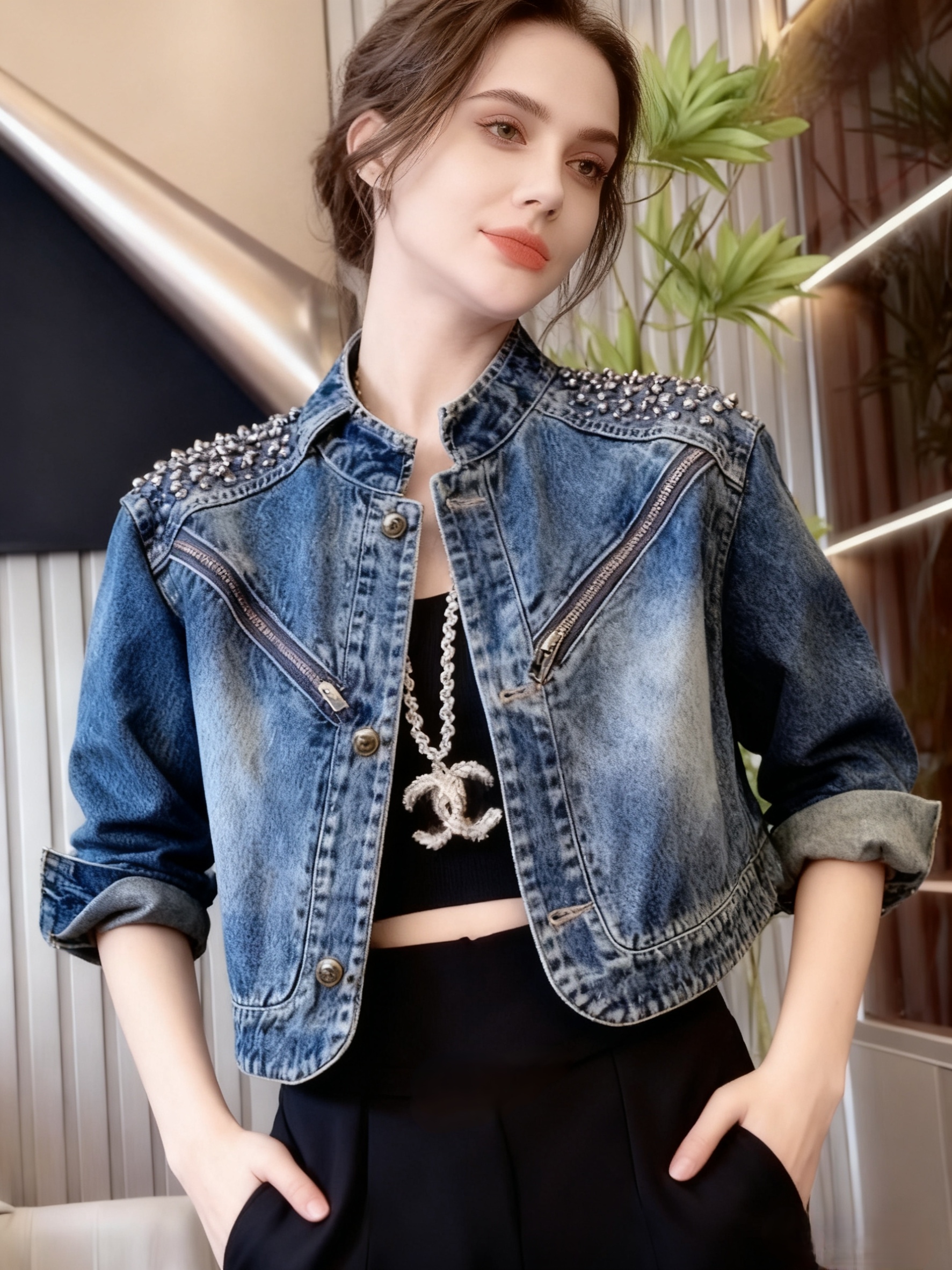 womens-diamond-studded-stand-collar-short-denim-jacket_2 Women's Diamond-Studded Stand Collar Short Denim Jacket