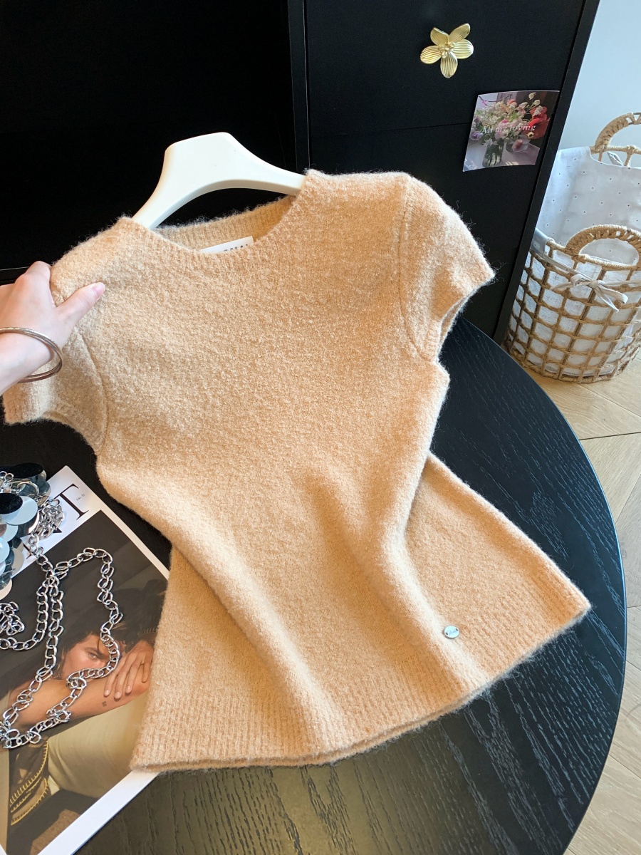 womens-fuzzy-knit-short-sleeve-top-with-round-neck-and-waist-defined-cropped-fit-style-bc6923 Women's Fuzzy Knit Short Sleeve Top with Round Neck and Waist-Defined Cropped Fit - Style bc6923