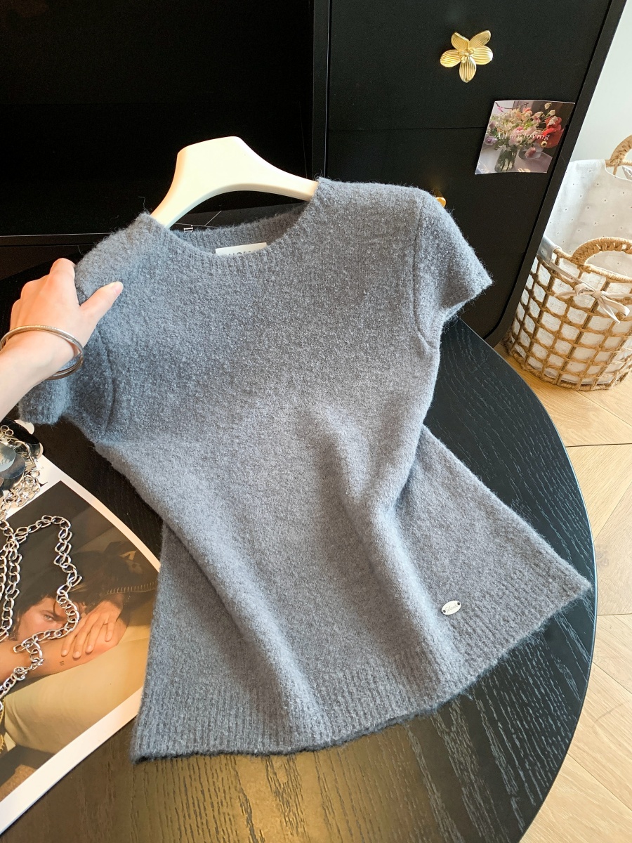womens-fuzzy-knit-short-sleeve-top-with-round-neck-and-waist-defined-cropped-fit-style-bc6923_2 Women's Fuzzy Knit Short Sleeve Top with Round Neck and Waist-Defined Cropped Fit - Style bc6923