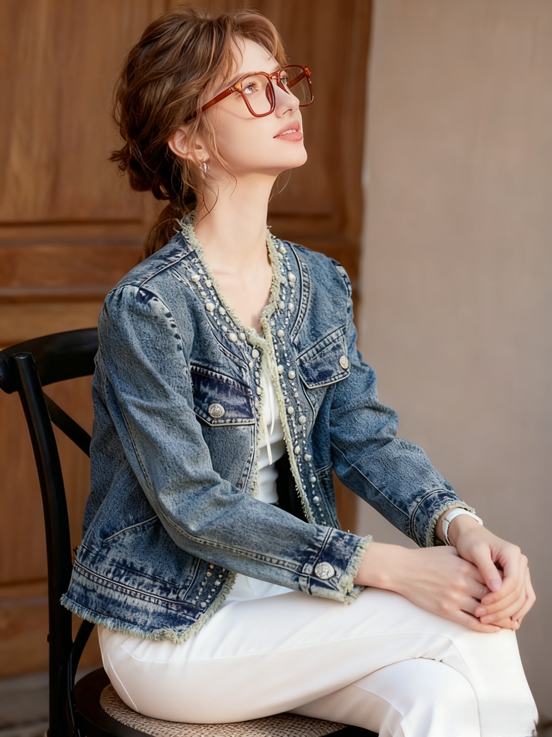 womens-loose-fit-denim-jacket-with-beading-and-fringe-detail Women's Loose Fit Denim Jacket with Beading and Fringe Detail
