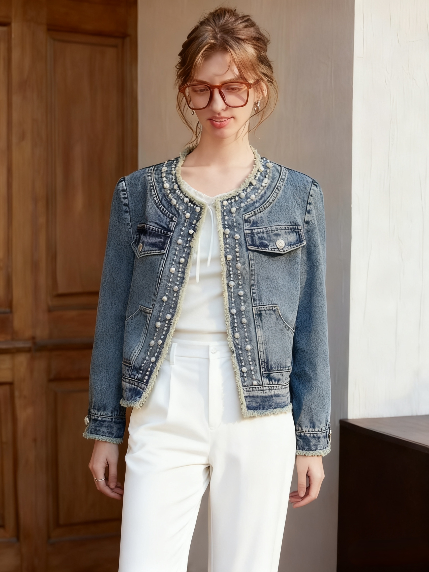 womens-loose-fit-denim-jacket-with-beading-and-fringe-detail_1 Women's Loose Fit Denim Jacket with Beading and Fringe Detail