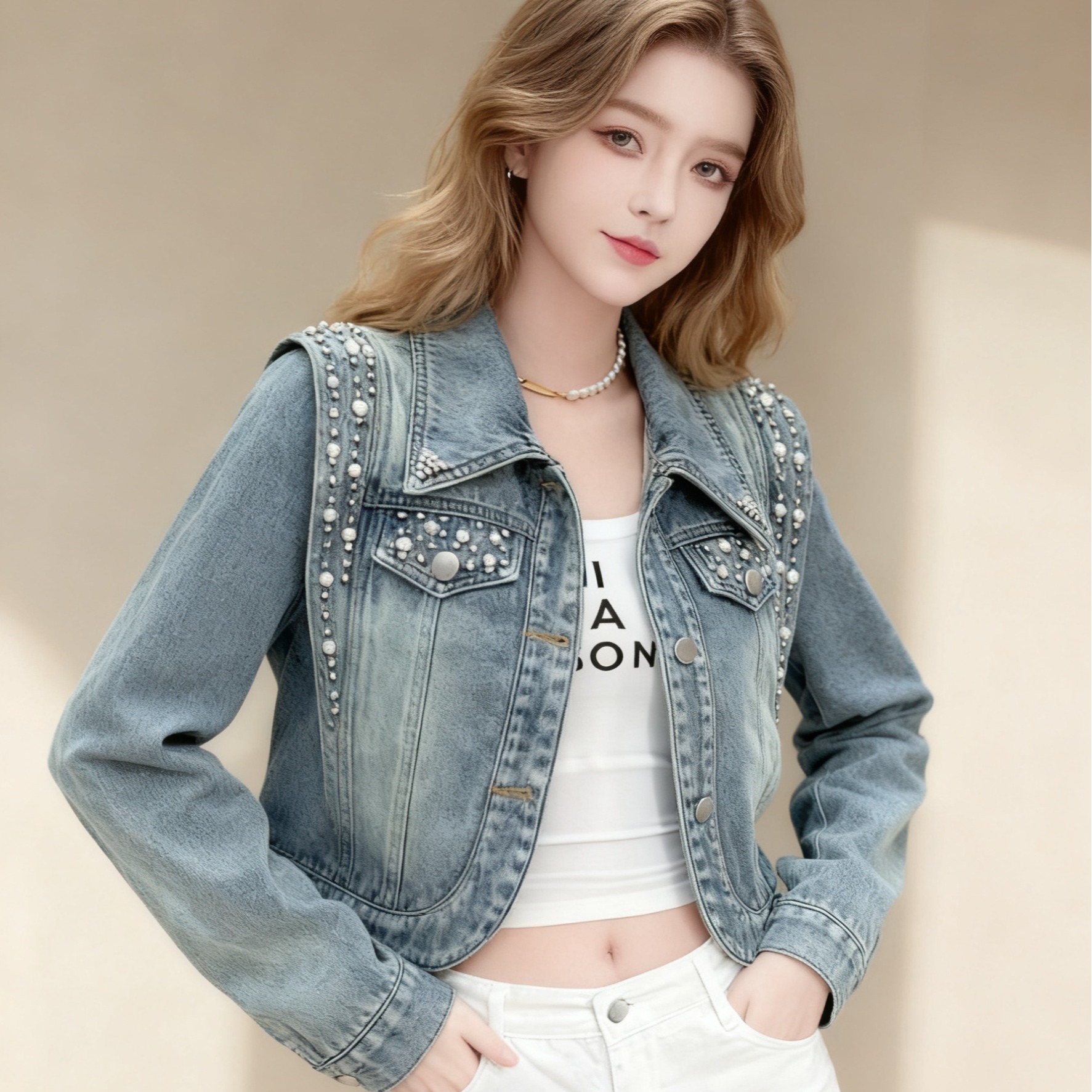 womens-loose-fit-short-denim-jacket-with-beaded-details Women's Loose Fit Short Denim Jacket with Beaded Details