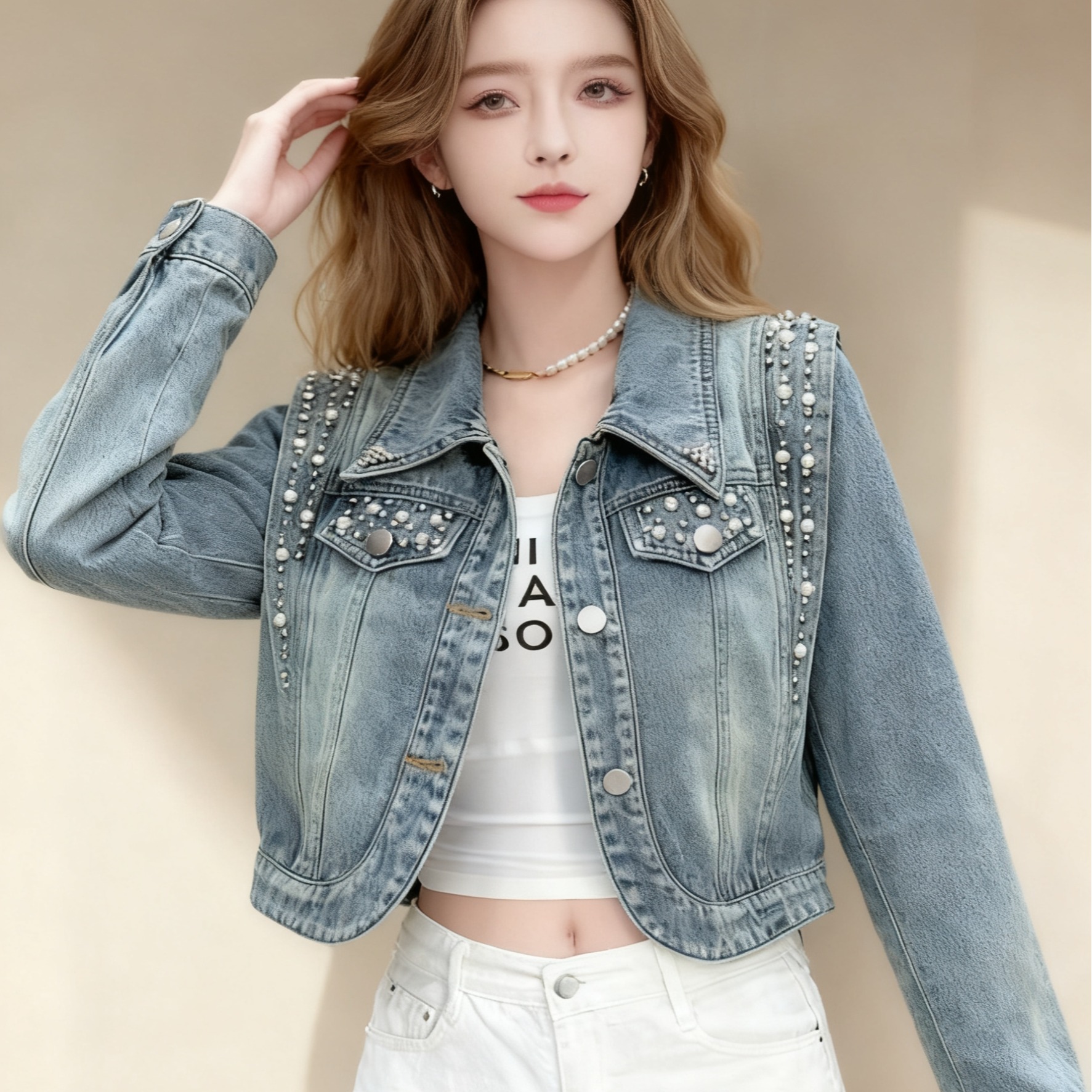 womens-loose-fit-short-denim-jacket-with-beaded-details_1 Women's Loose Fit Short Denim Jacket with Beaded Details