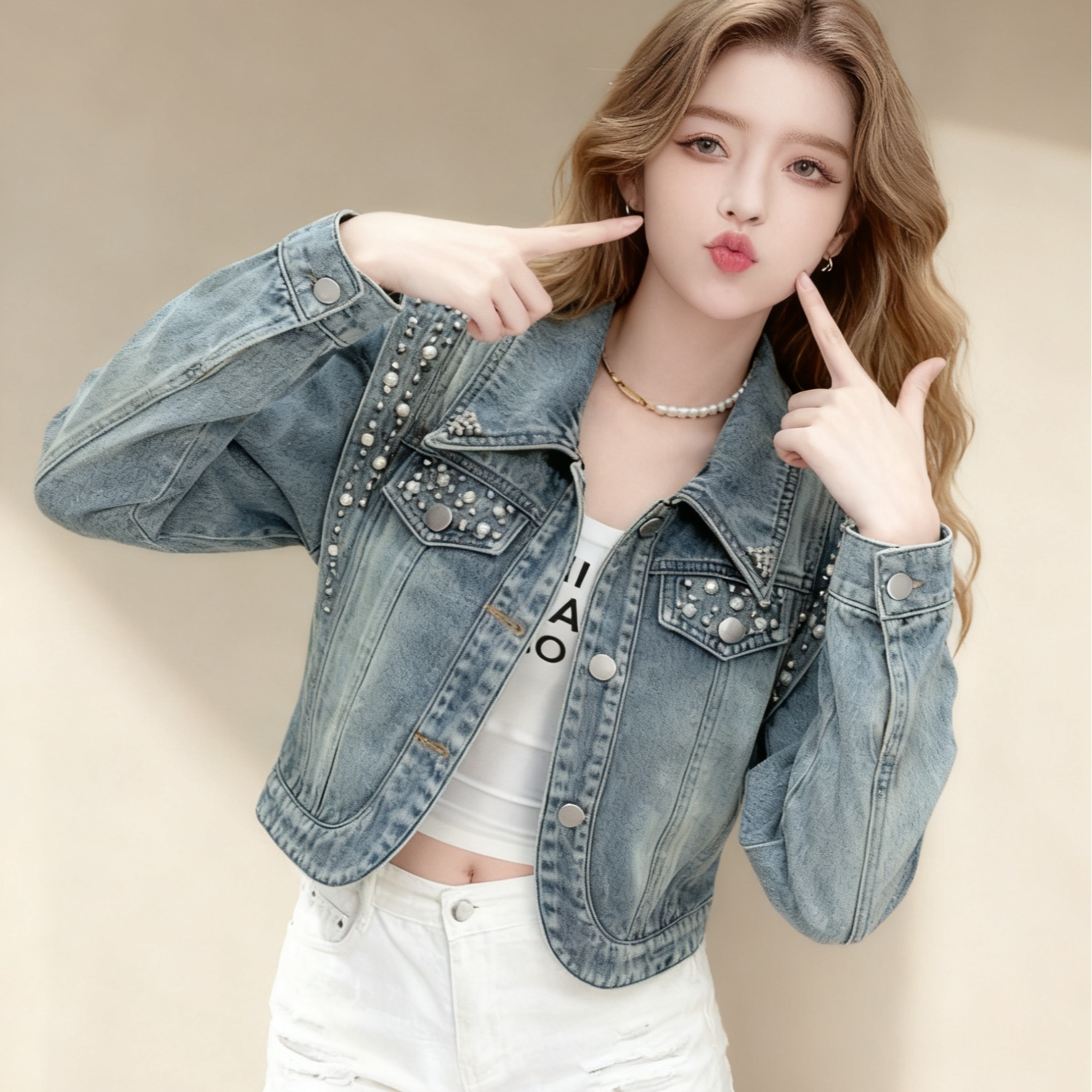 womens-loose-fit-short-denim-jacket-with-beaded-details_2 Women's Loose Fit Short Denim Jacket with Beaded Details