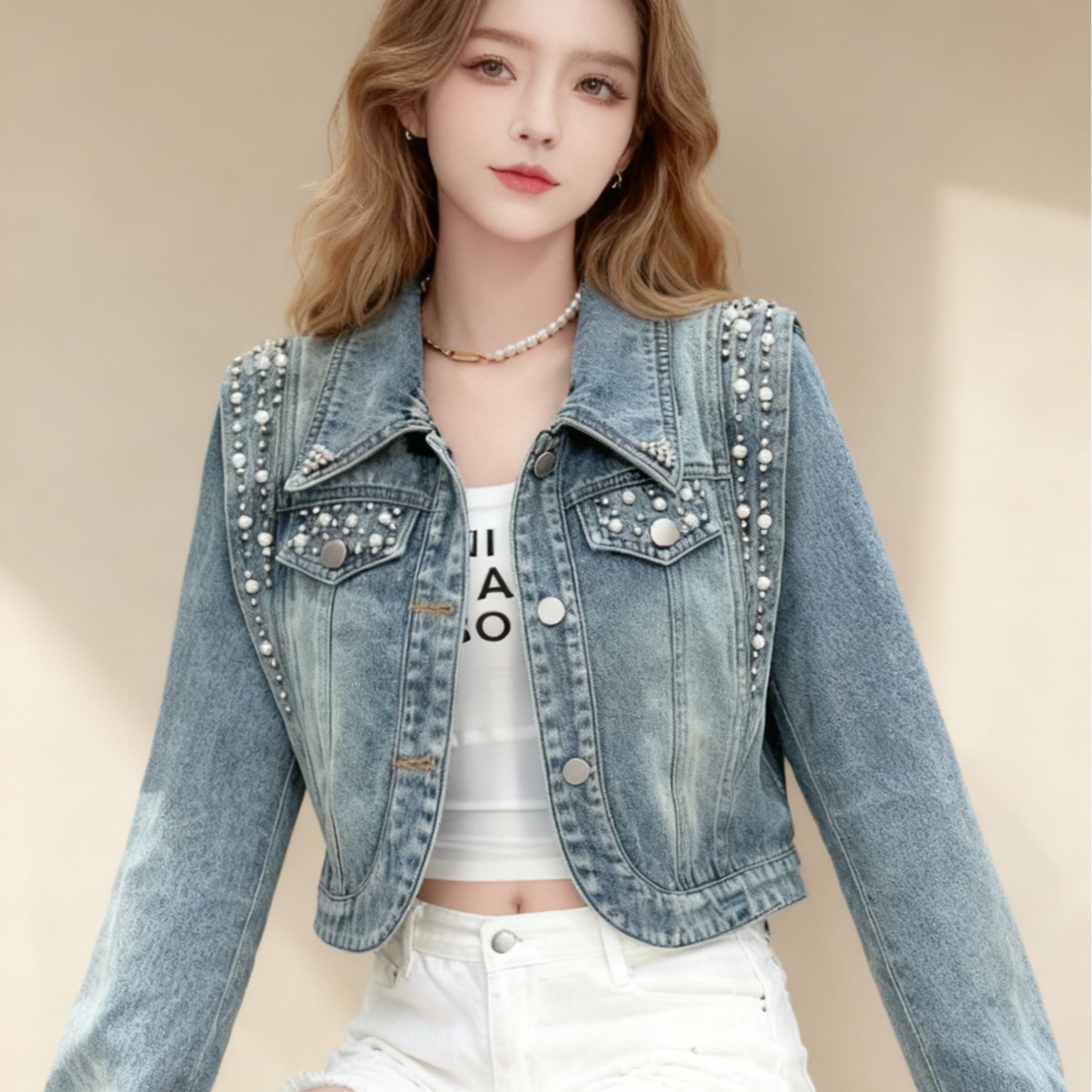 womens-loose-fit-short-denim-jacket-with-beaded-details_3 Women's Loose Fit Short Denim Jacket with Beaded Details